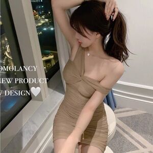 Elegant Tan Off-Shoulder Dress